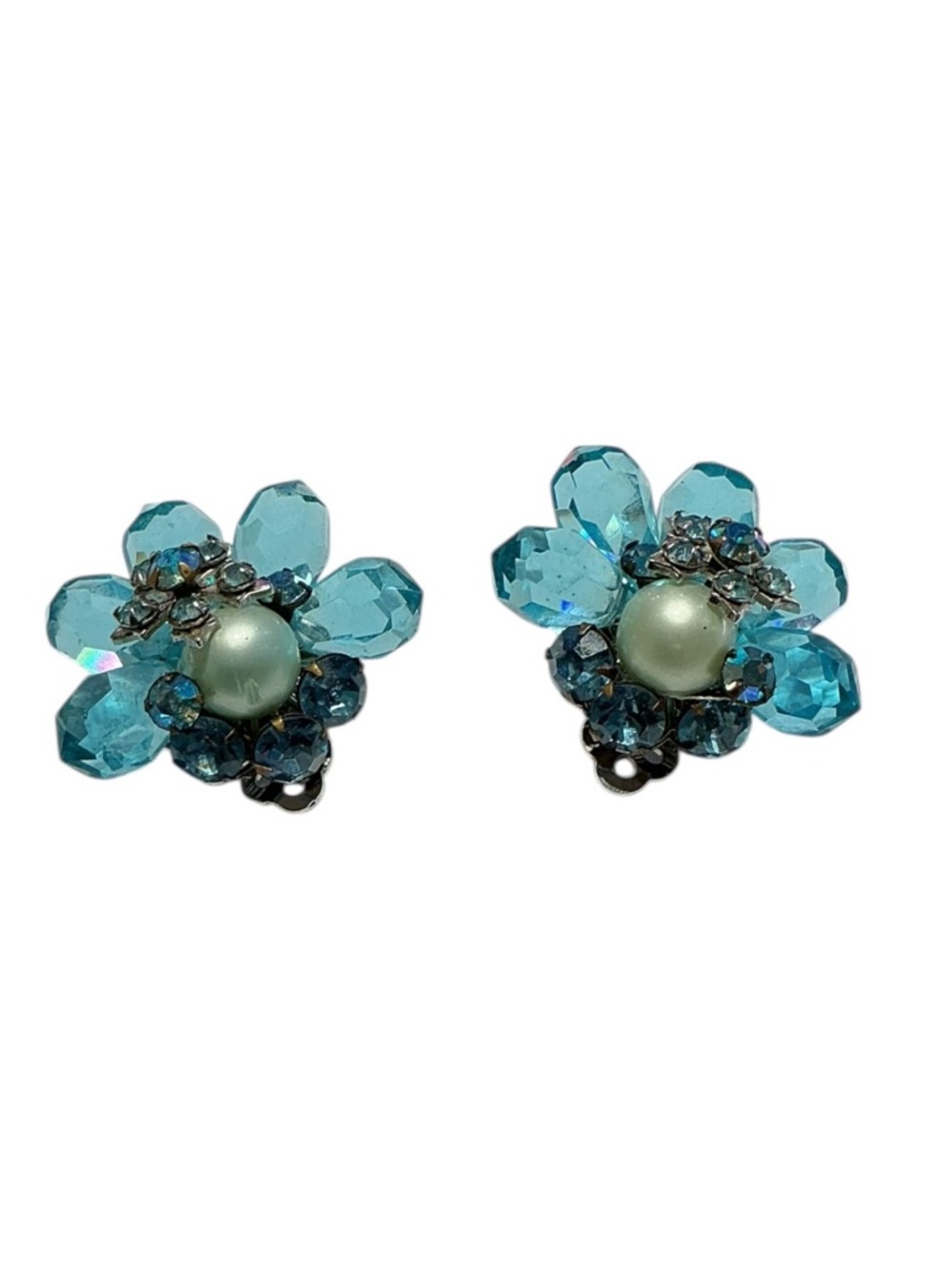 Vintage 1960s DeMario NY Signed Glass Crystal Pearl Clip on Earrings